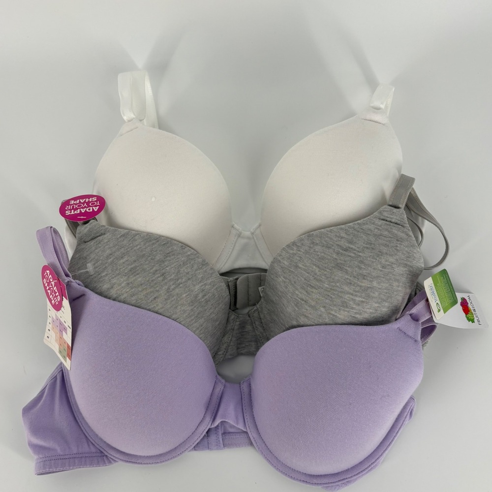 Fruit of the Loom‎ Womens 3 Pack Cotton Blend T-shirt Bras Lilac/White/Gray M